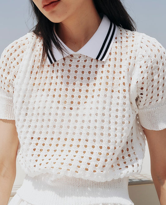 Hollow-out polo knit top