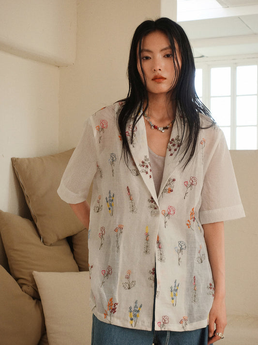 Howl studio ramie full embrodiery patchwork string shirt