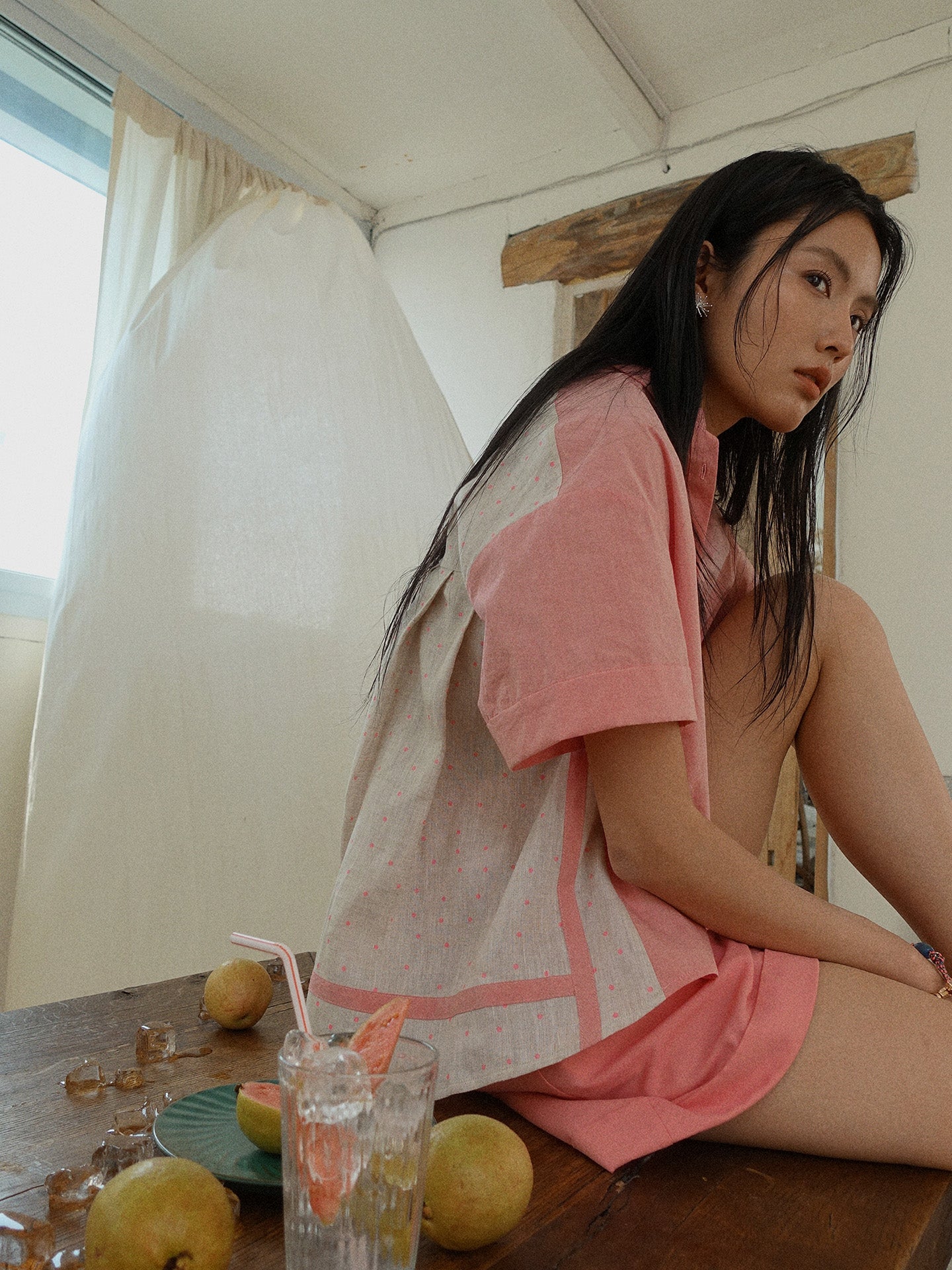 Howl studio linen cotton polka dots patchwork shirt