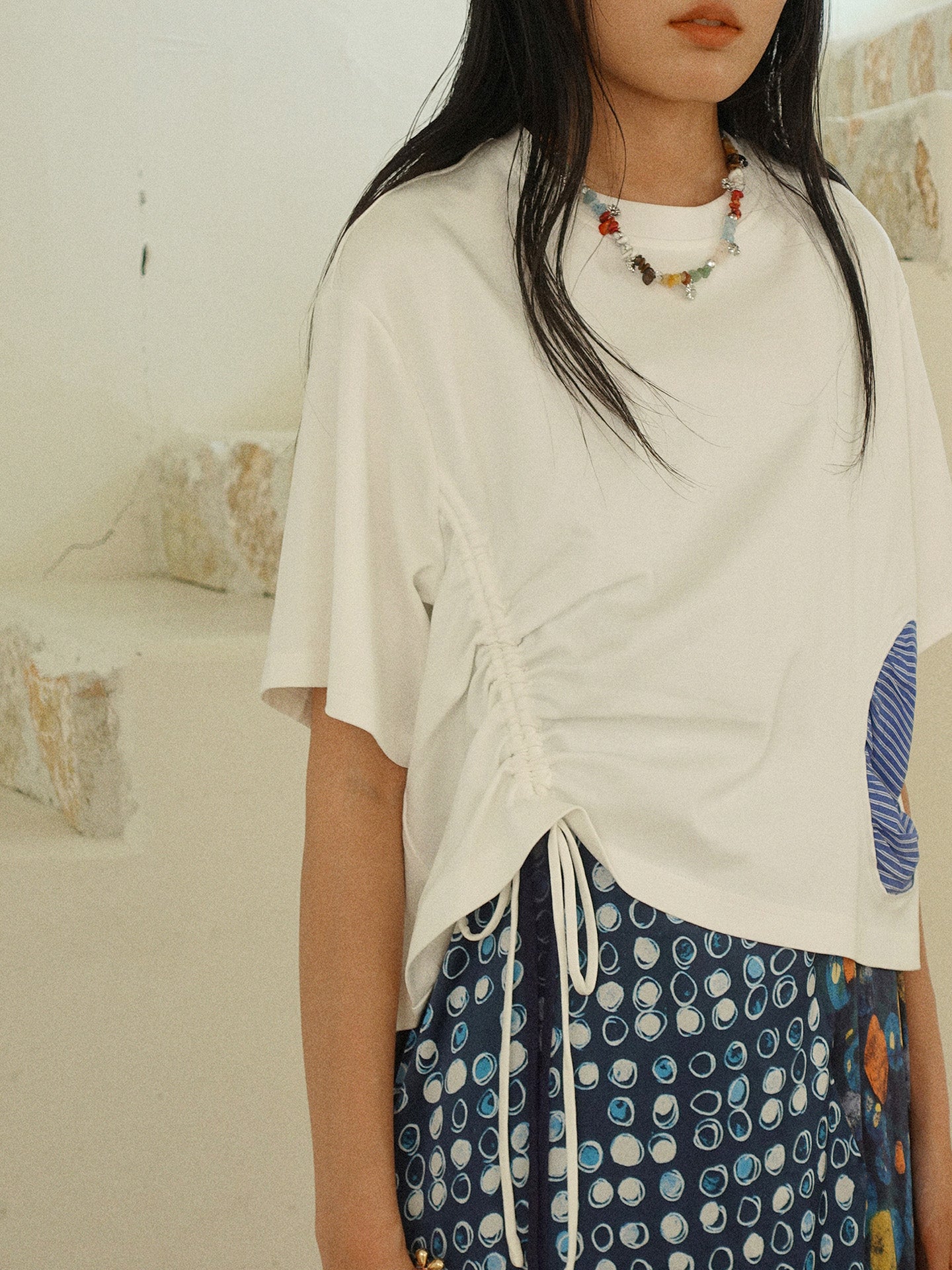 Howl studio stripe patchwork drawstring tee