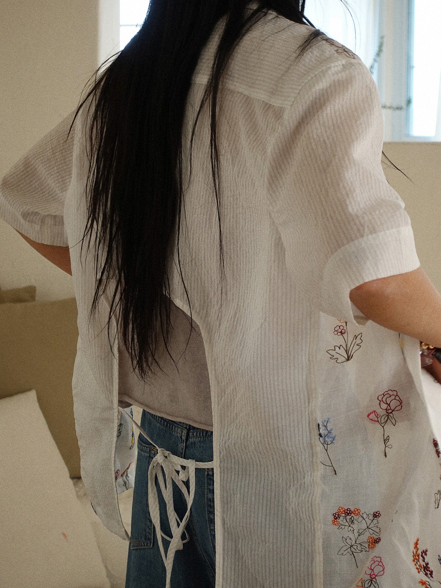 Howl studio ramie full embrodiery patchwork string shirt