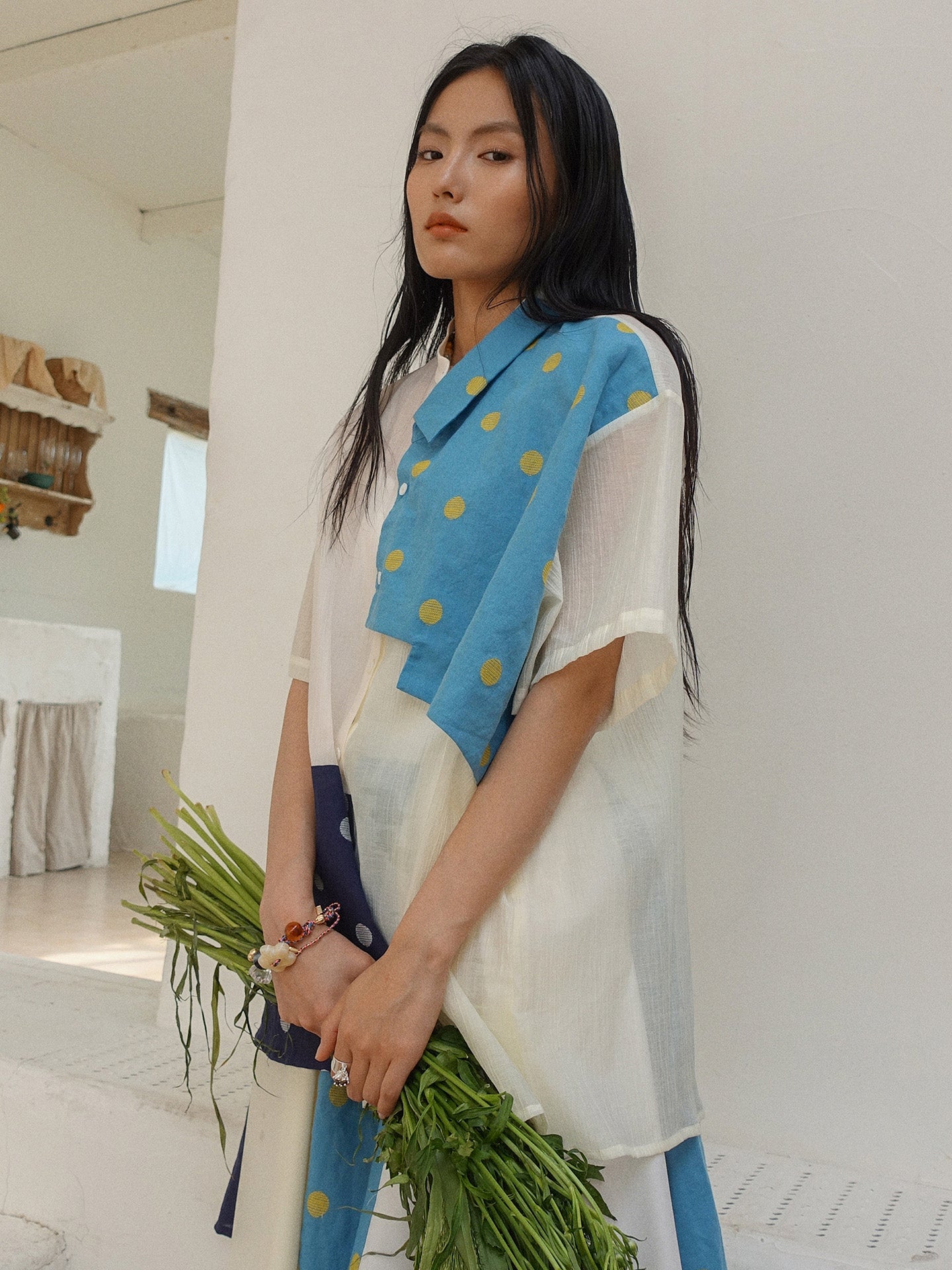 Howl studio polka dots linen cotton patchwork shirt