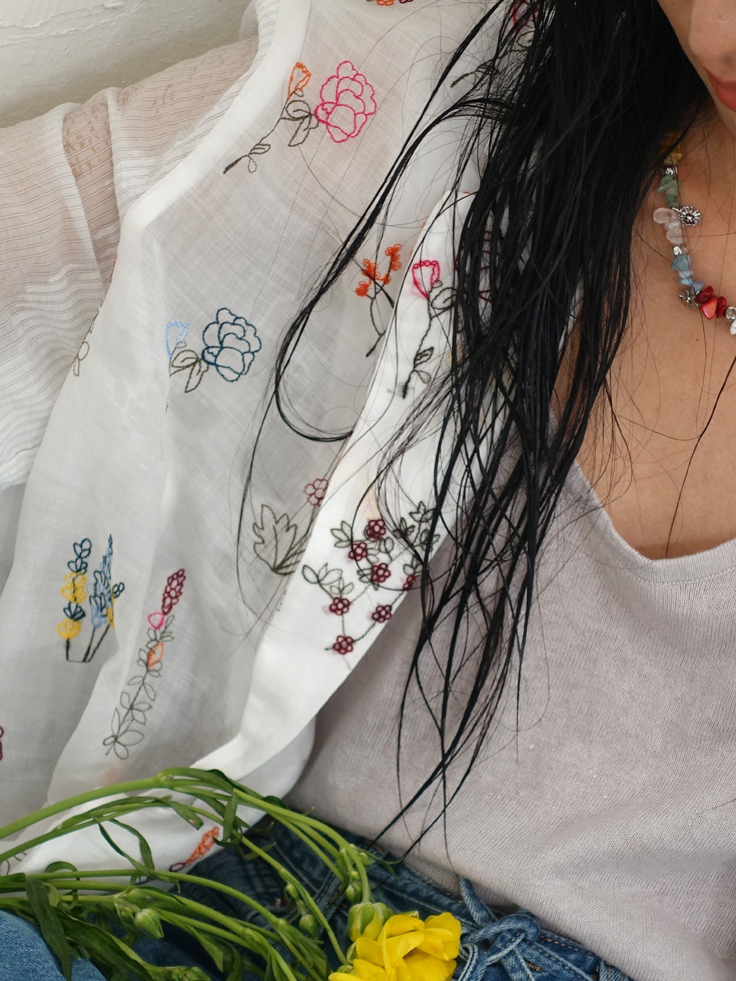 Howl studio ramie full embrodiery patchwork string shirt