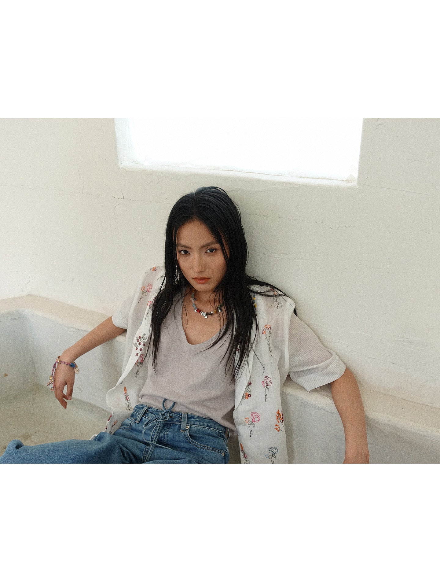 Howl studio ramie full embrodiery patchwork string shirt