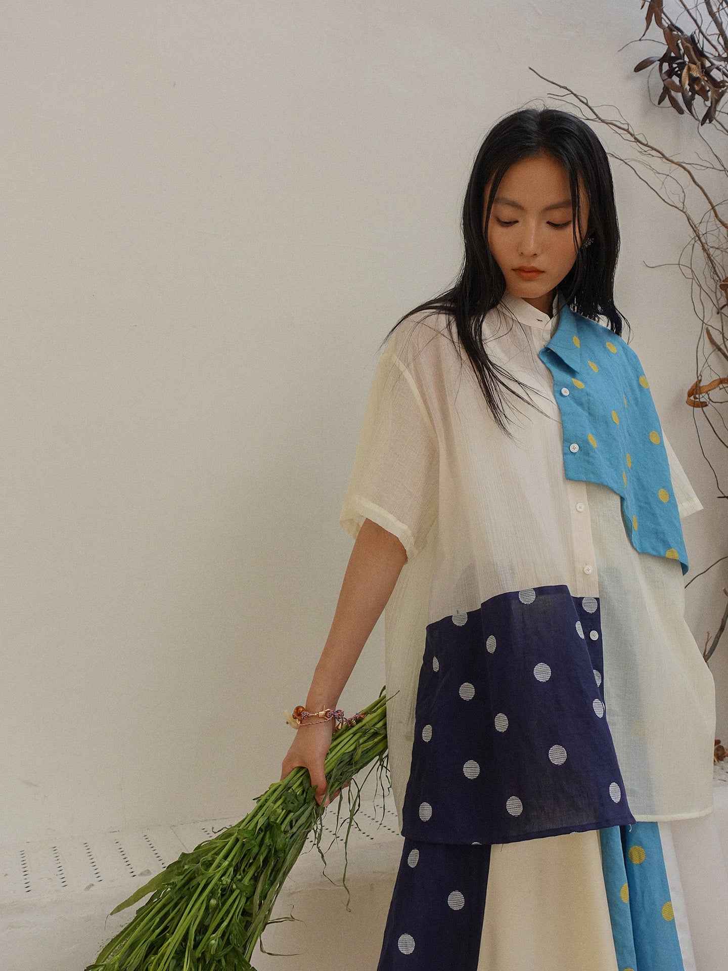 Howl studio polka dots linen cotton patchwork shirt