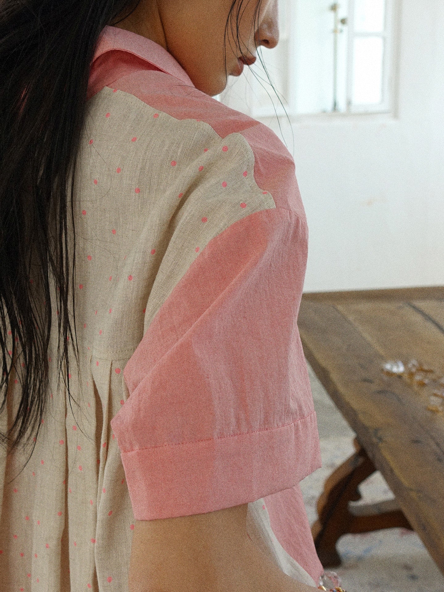 Howl studio linen cotton polka dots patchwork shirt