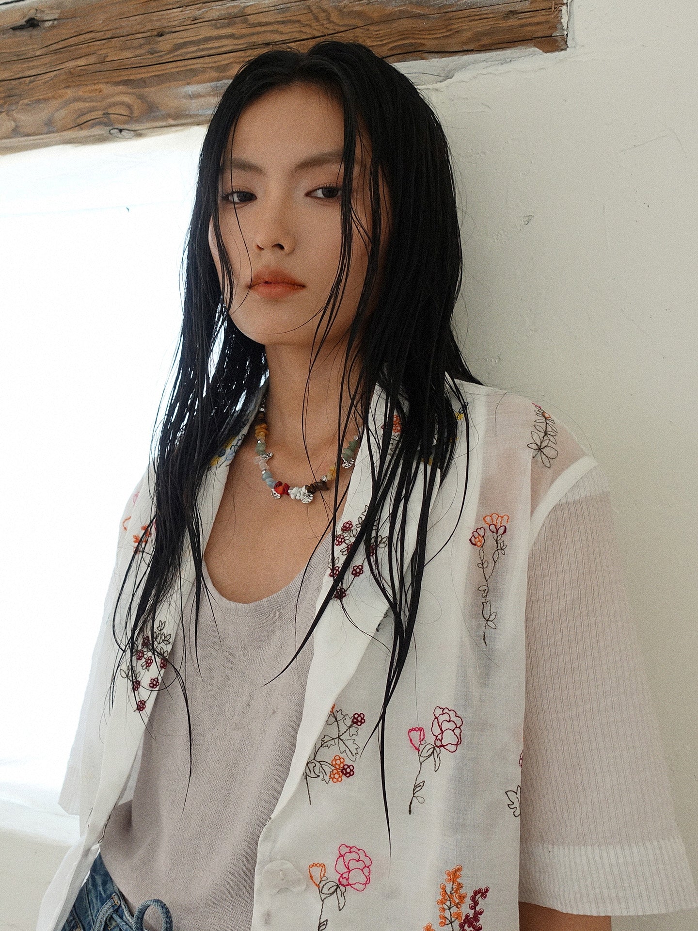 Howl studio ramie full embrodiery patchwork string shirt