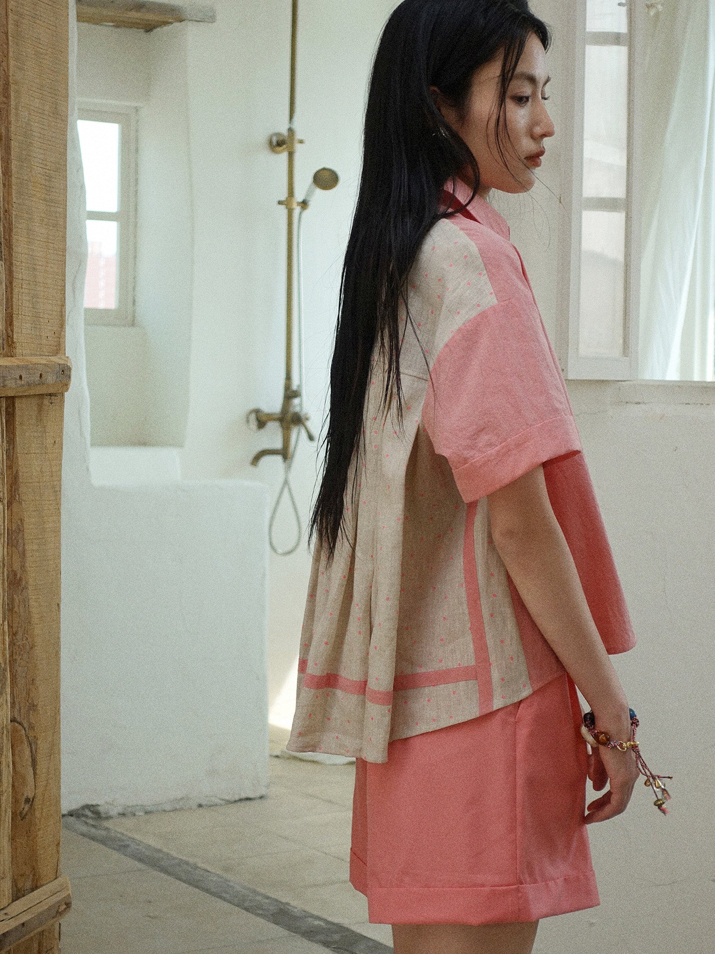 Howl studio linen cotton polka dots patchwork shirt