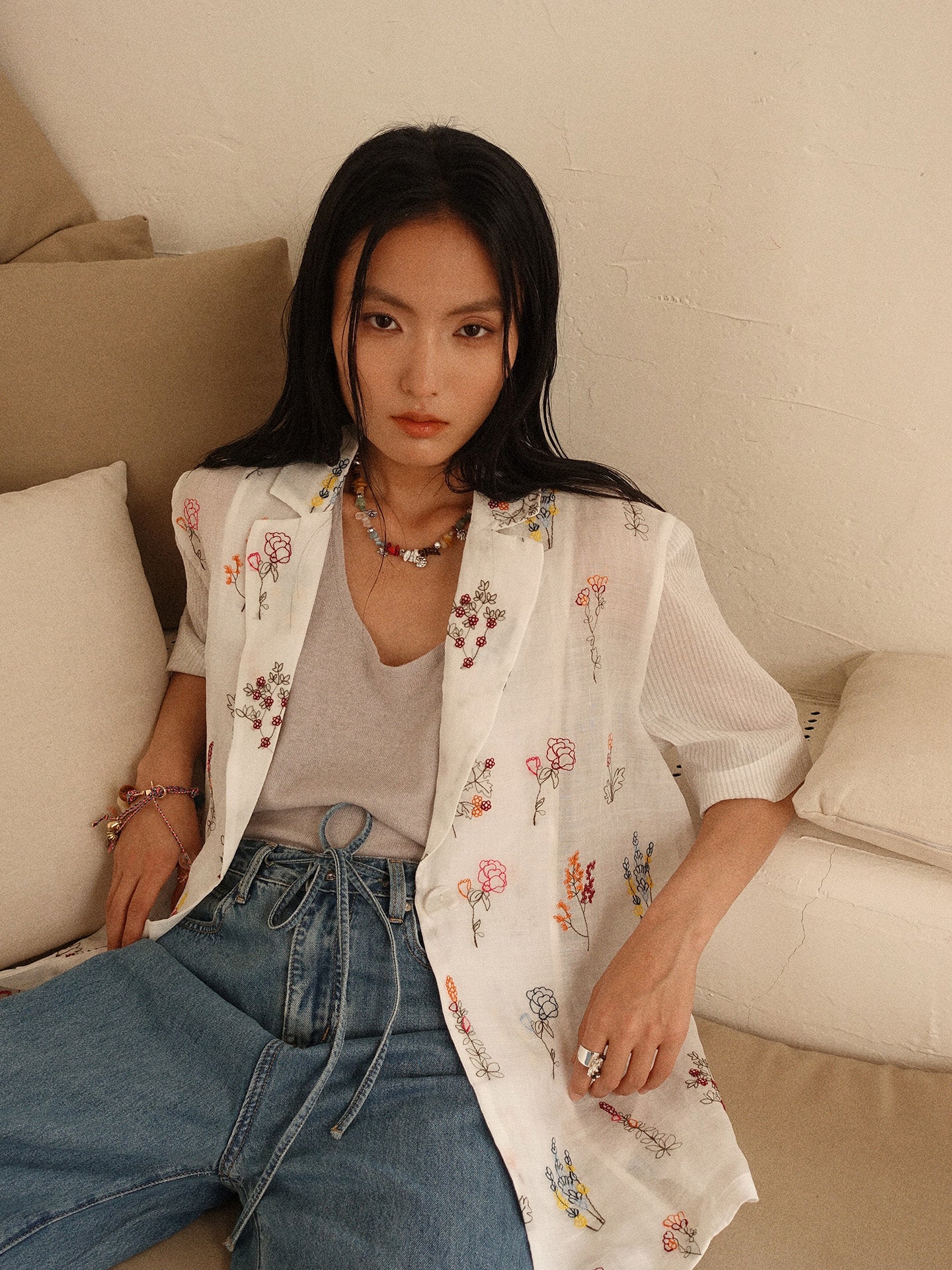 Howl studio ramie full embrodiery patchwork string shirt