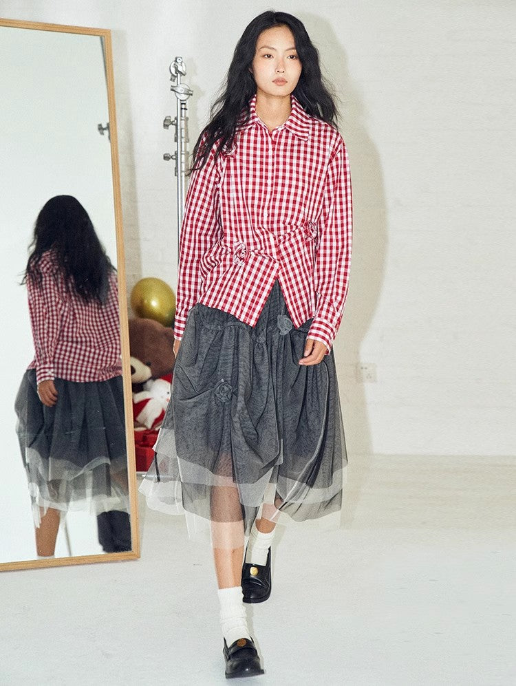 Howl Studio red plaid 3D flower shirt