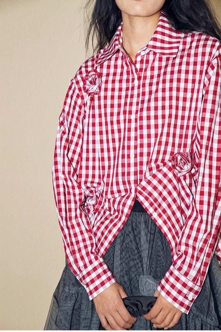 Howl Studio red plaid 3D flower shirt