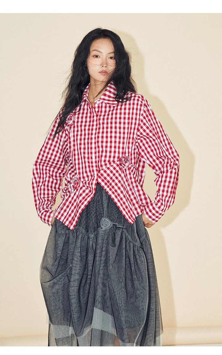 Howl Studio red plaid 3D flower shirt