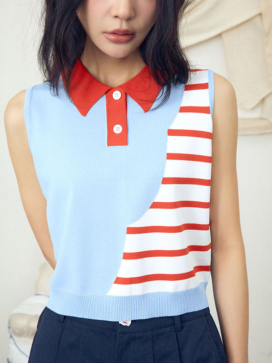 Stripe patchwork polo vest top