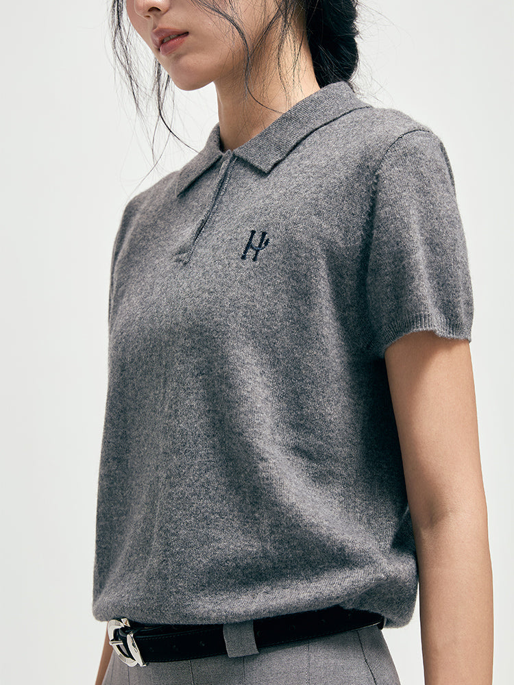 Wool embroidery polo top