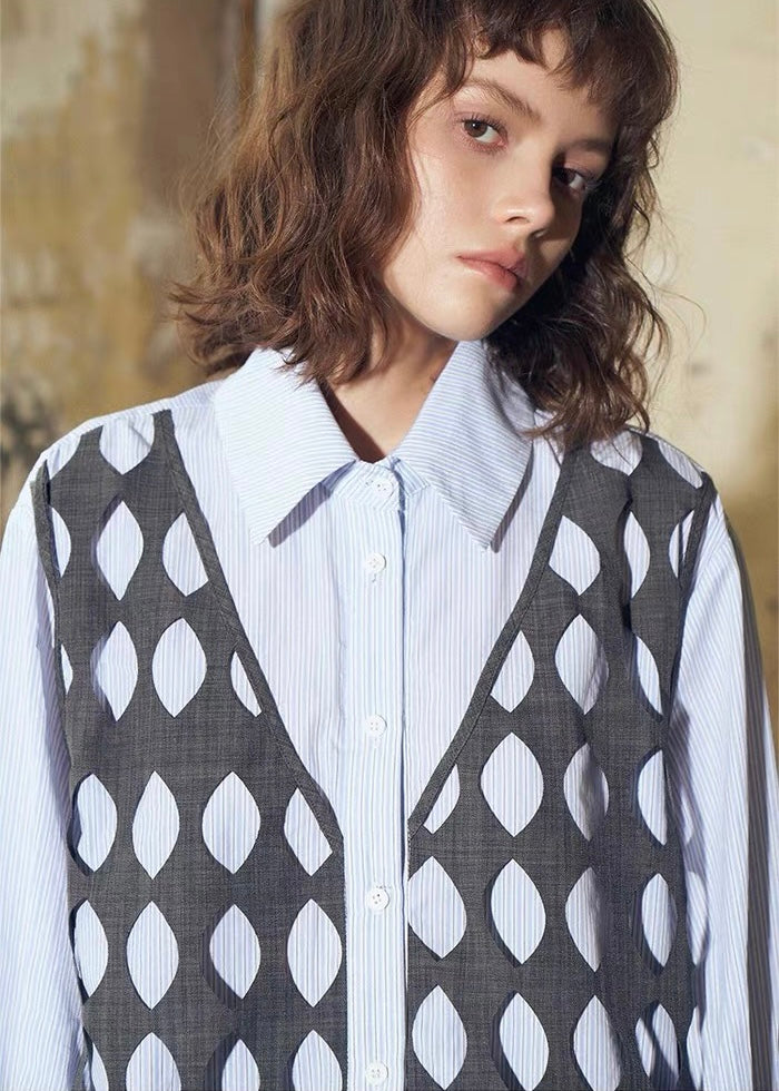 Hollow-out Stripe Patchwork Shirt