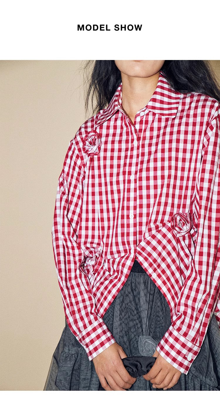 Howl Studio Red plaid 3D flower shirt